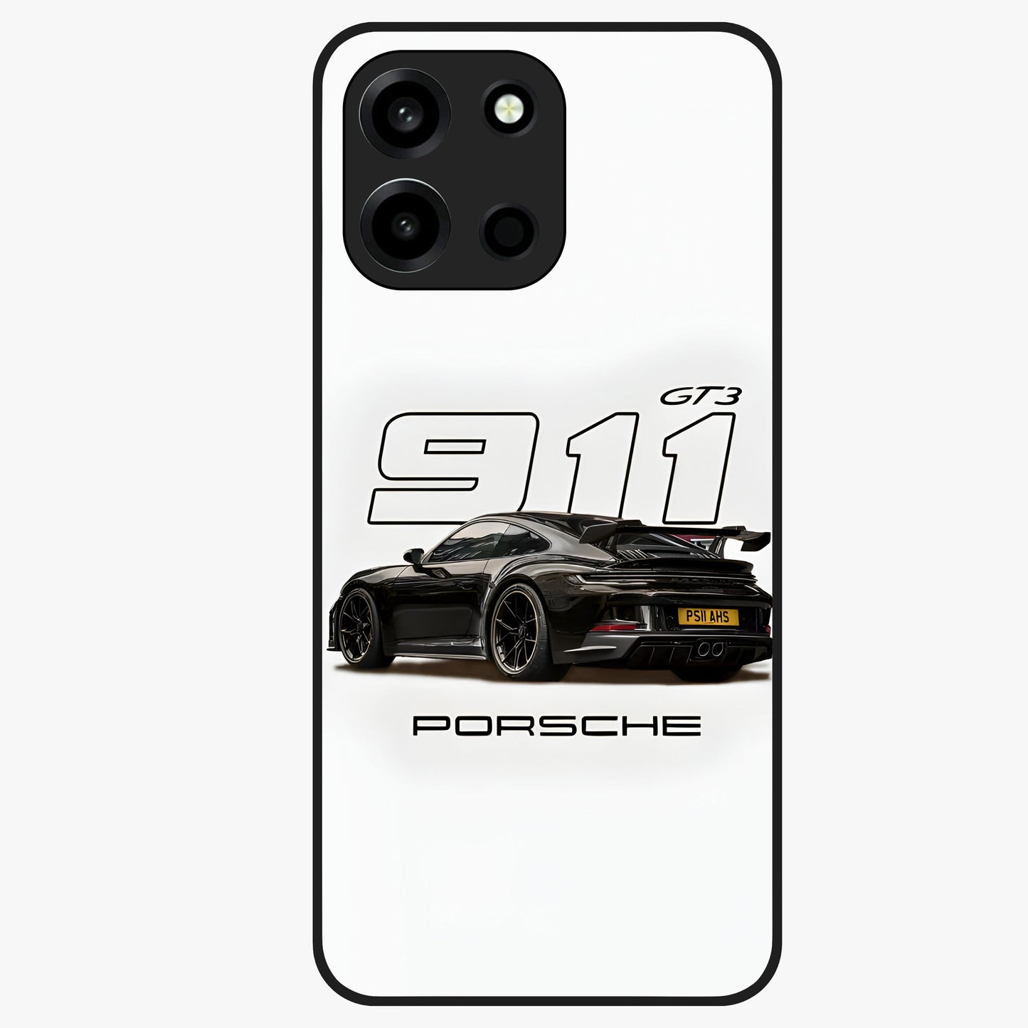 Turbo Legacy Icon Glass Case showing flat back view with iconic sports car inspired artwork and glossy glass finish.