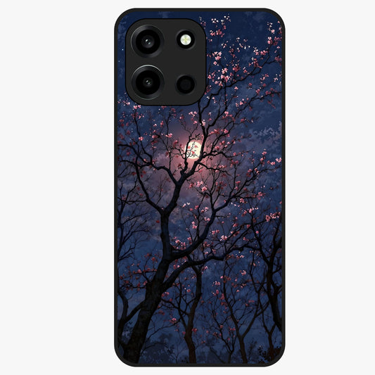 Twilight Sakura Serenade Glass Case showing flat back view with cherry blossom artwork at twilight and glossy glass finish.