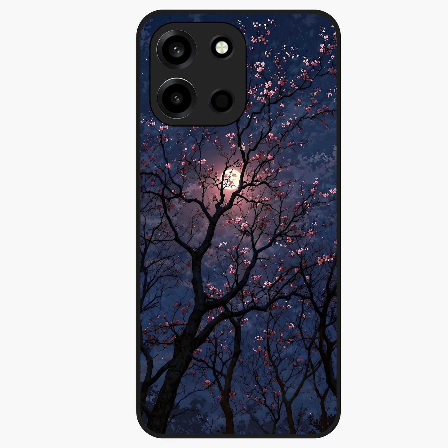 Twilight Sakura Serenade Glass Case showing flat back view with cherry blossom artwork at twilight and glossy glass finish.