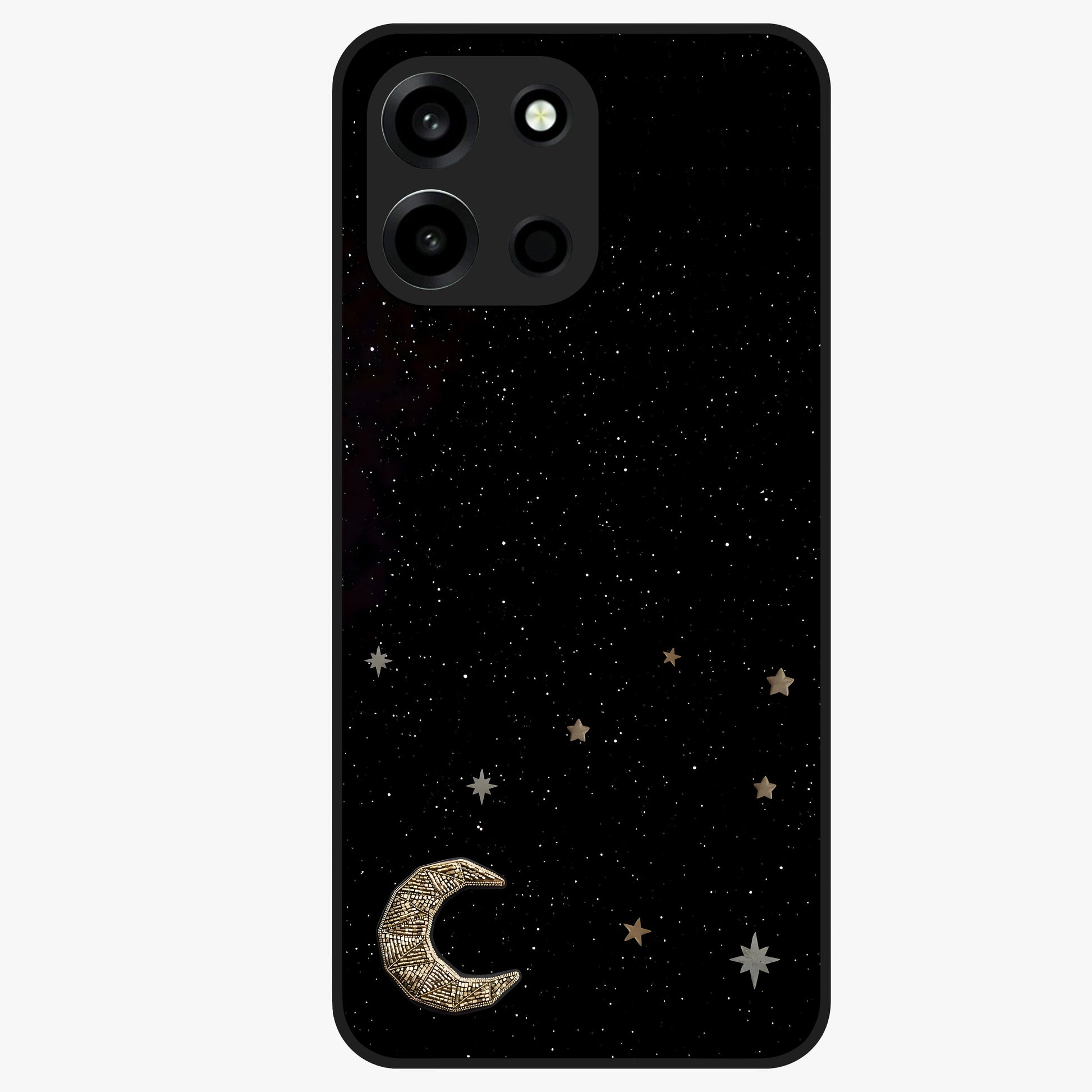 Twinkle Star With Half Moon Glass Case showing flat back view with star and half moon artwork and glossy glass finish.