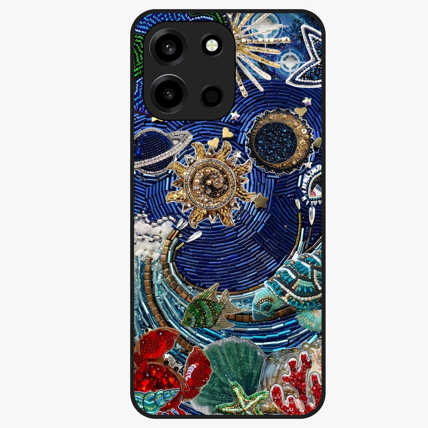Universe Underwater Spark Glass Case showing flat back view with cosmic underwater themed artwork and glossy glass finish.
