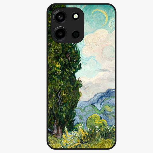 Van Gogh Vintage Art Glass Case showing flat back view with vintage painterly artwork inspired by Van Gogh style and glossy glass finish.