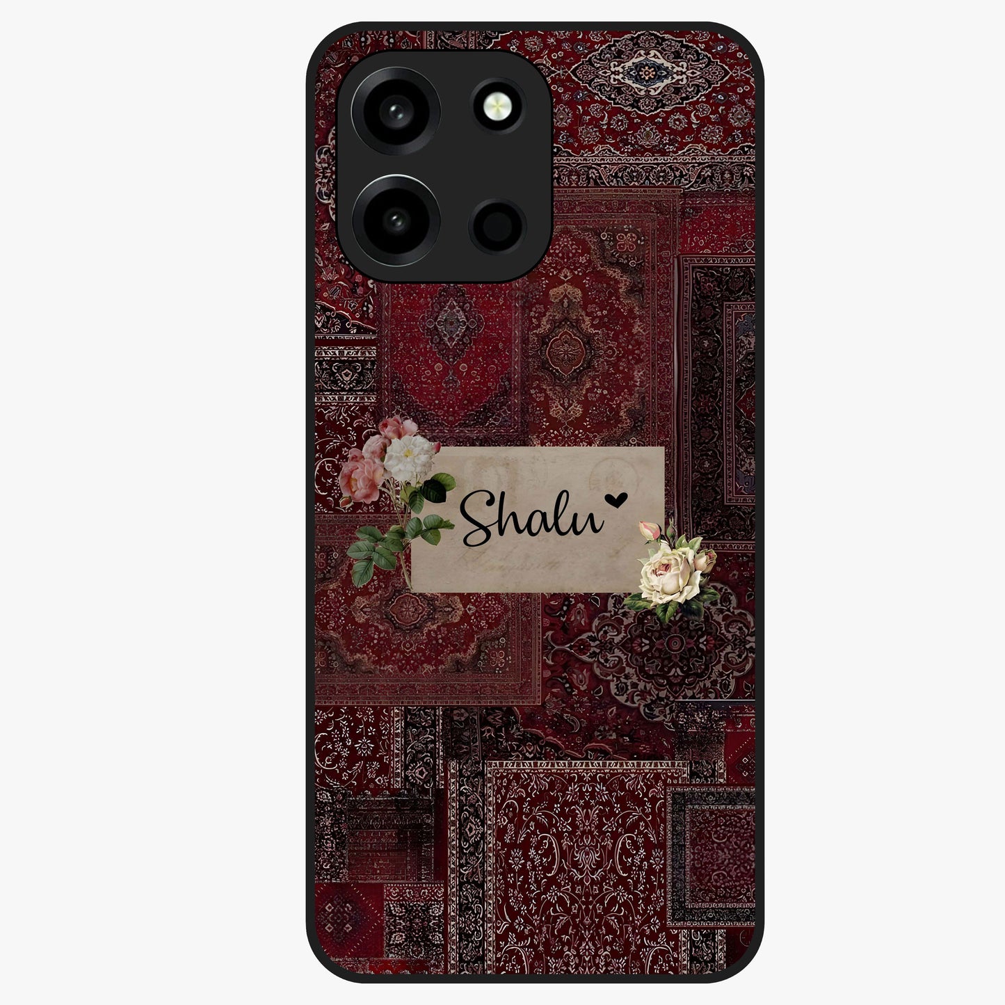 Velvet Wine Pattern Custom Name Glass Case showing flat back view with elegant wine colored pattern artwork and personalized name design.