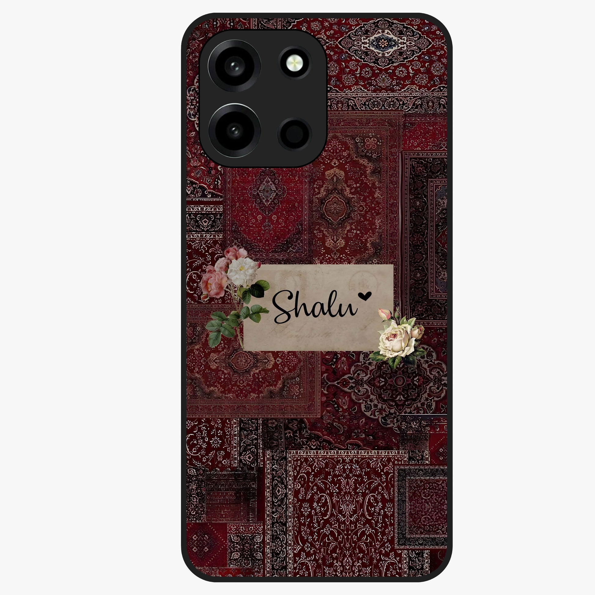 Velvet Wine Pattern Custom Name Glass Case showing flat back view with elegant wine colored pattern artwork and personalized name design.