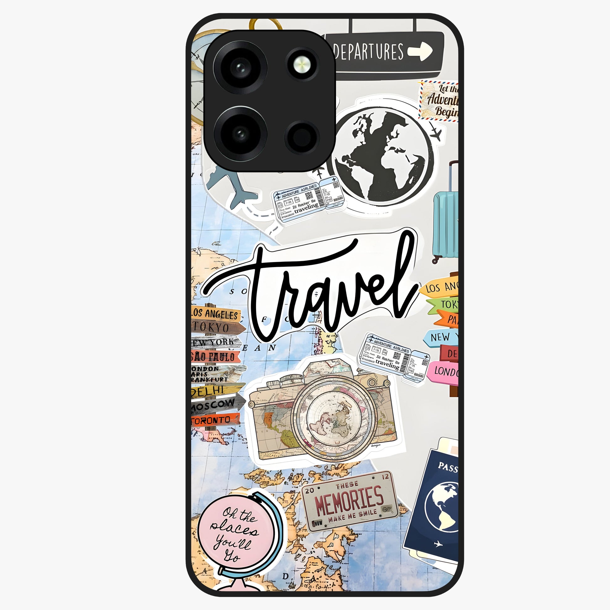 Wanderlust Journal Glass Case showing flat back view with travel inspired artwork and glossy glass finish.