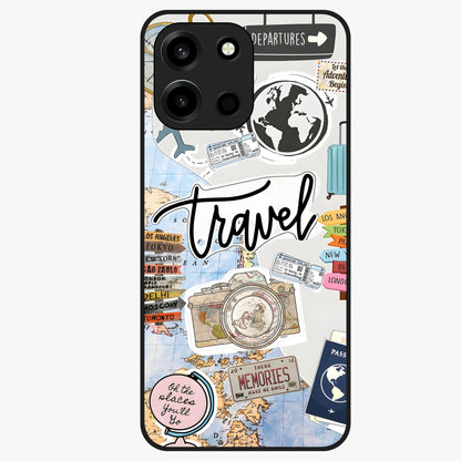 Wanderlust Journal Glass Case showing flat back view with travel inspired artwork and glossy glass finish.