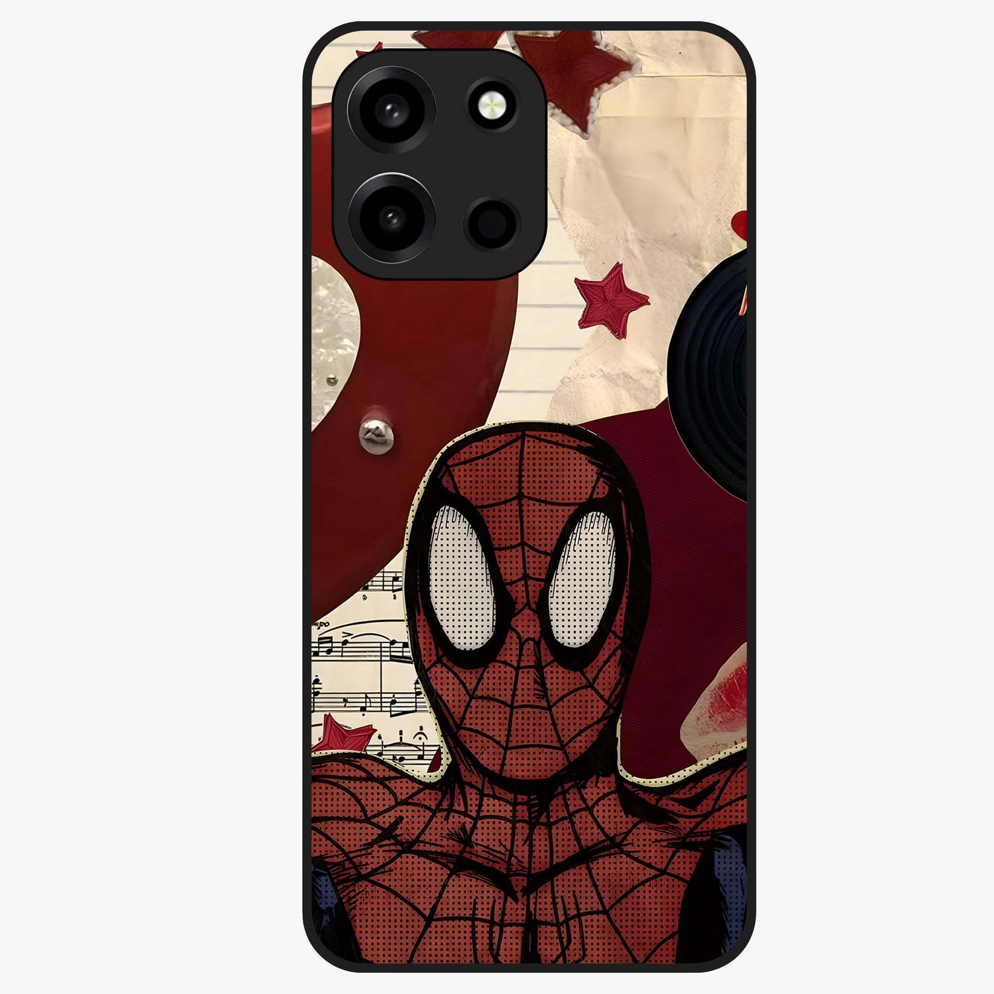 Web Warrior Vibes Glass Case showing flat back view with superhero inspired web themed artwork and glossy glass finish.