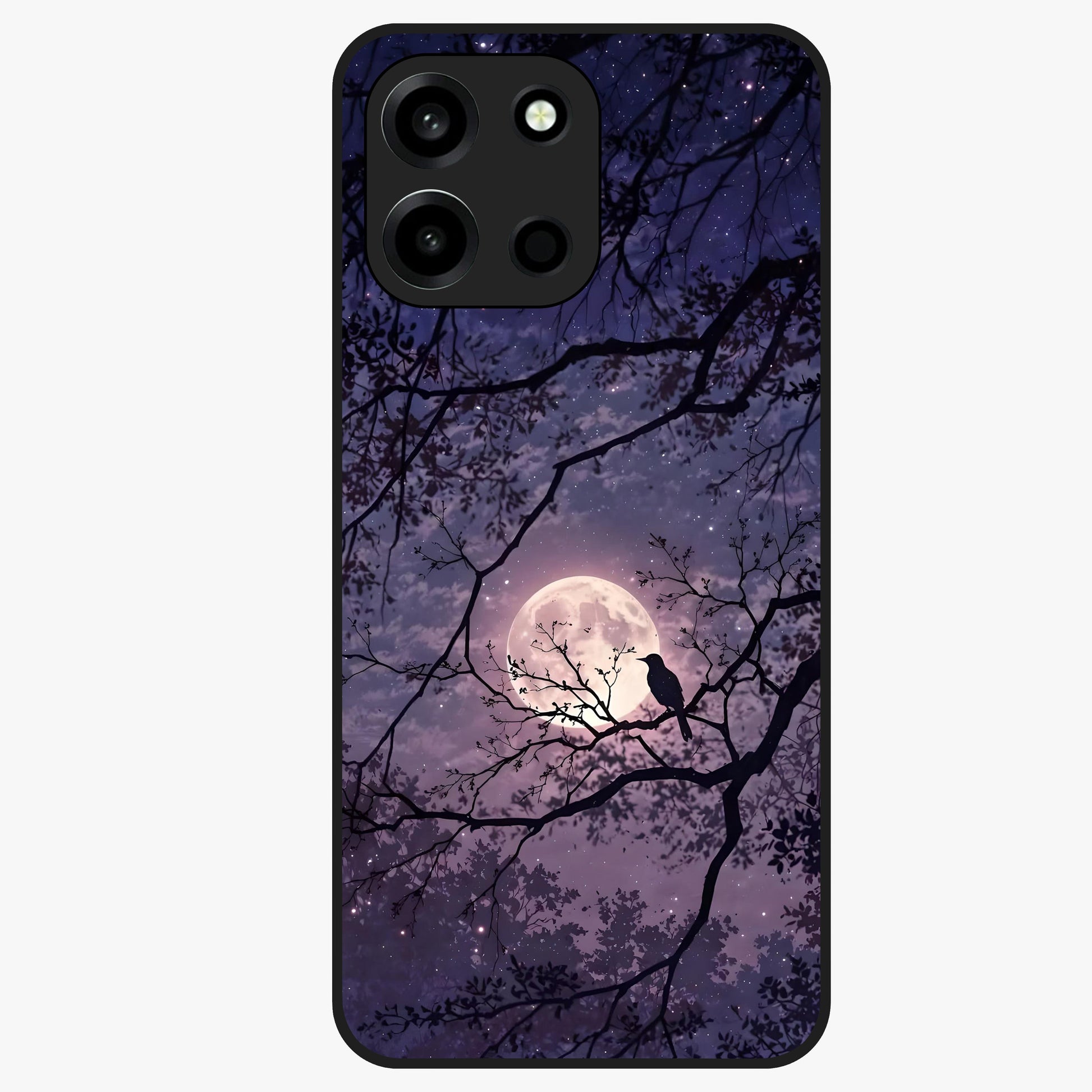 Whispering Moon Silence Glass Case showing flat back view with serene moon themed artwork and glossy glass finish.