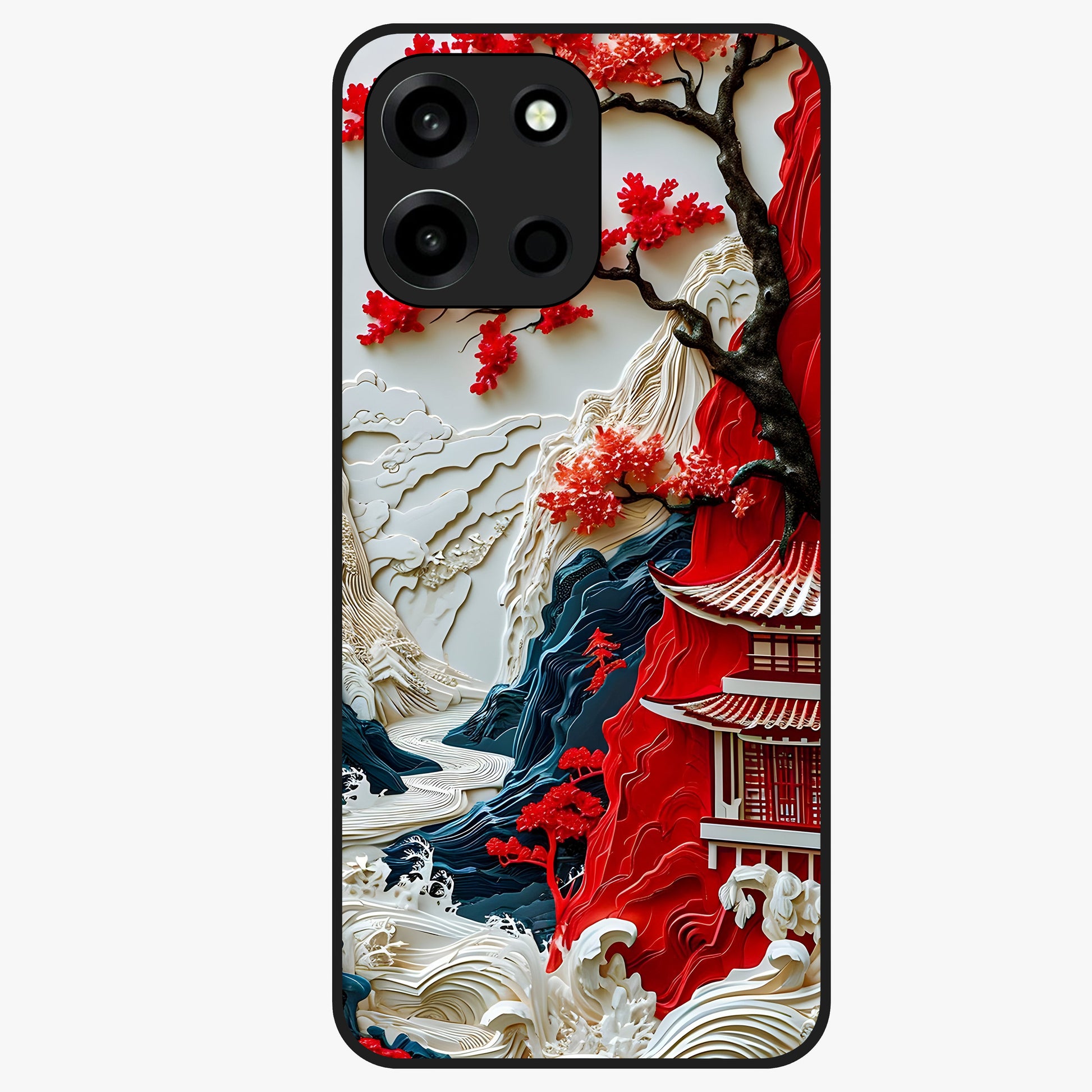 Whispers Of Sakura Waves Glass Case showing flat back view with cherry blossom wave artwork and glossy glass finish.
