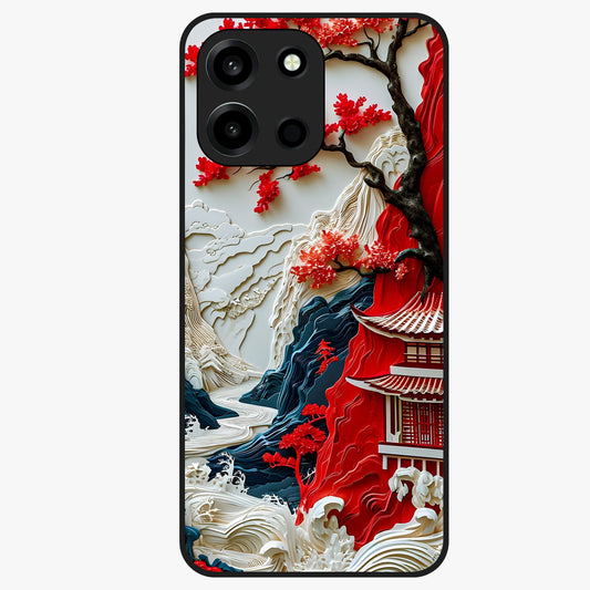 Whispers Of Sakura Waves Glass Case showing flat back view with cherry blossom wave artwork and glossy glass finish.
