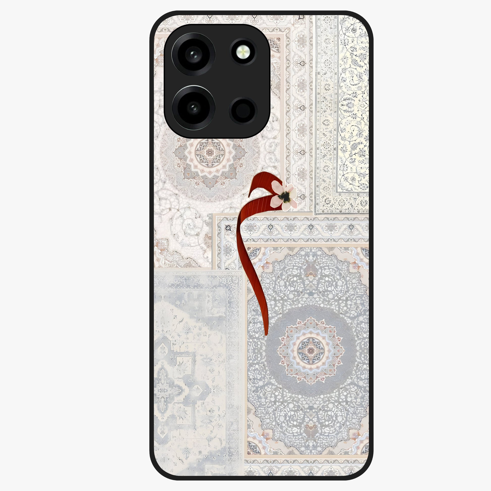 White Aesthetic Bow Glass Case showing flat back view with minimal bow artwork and glossy glass finish.