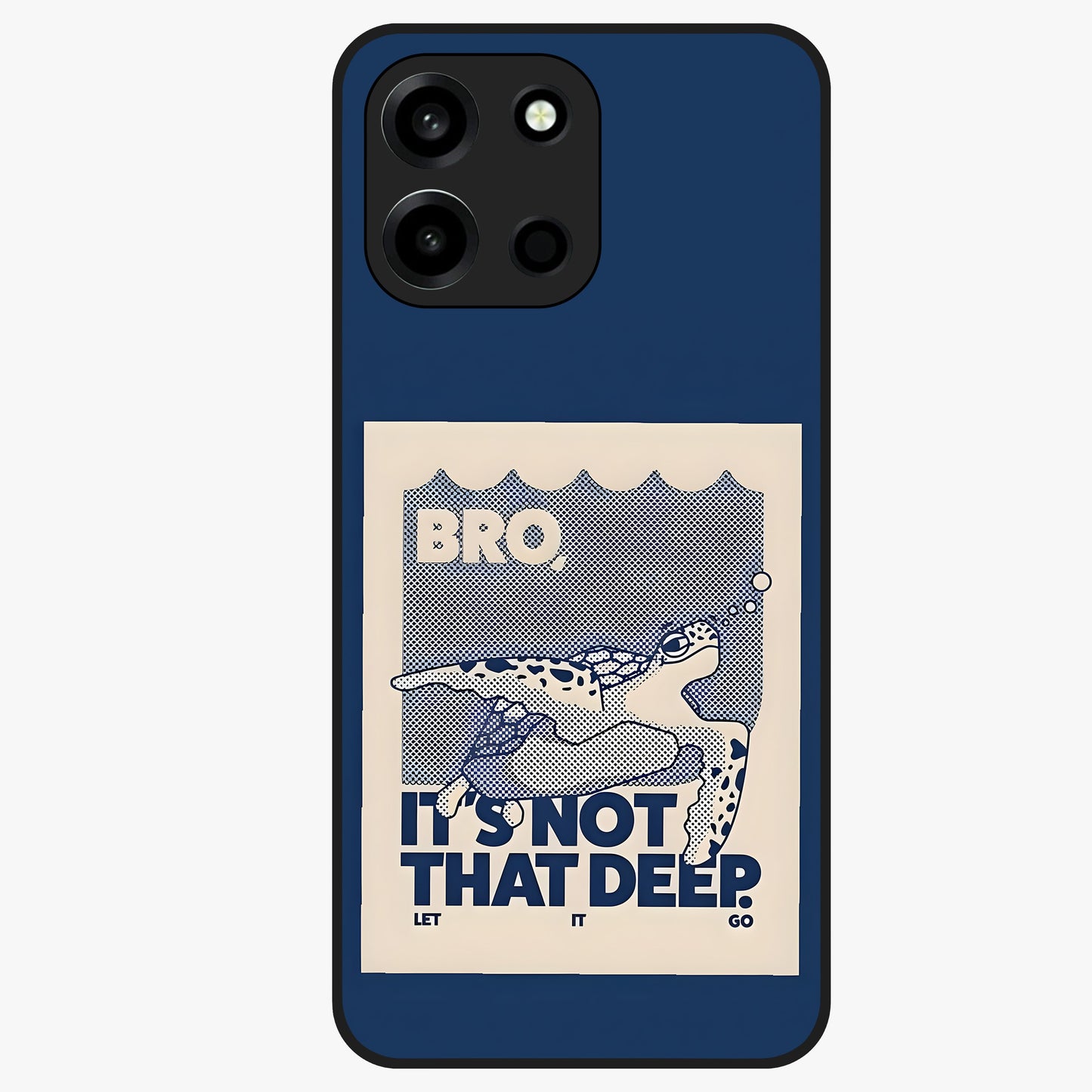 Worry Less Swim Glass Case showing flat back view with playful motivational artwork and glossy glass finish.