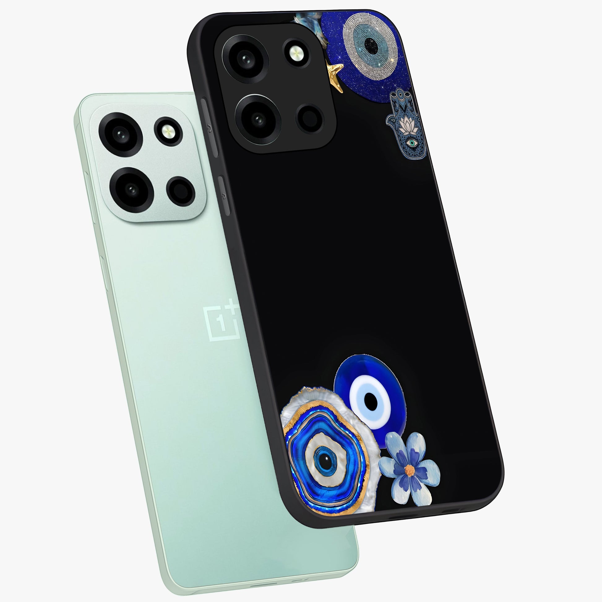 Aesthetic Blue Evil Eye Glass Case displayed in angled mockup highlighting blue evil eye symbol and spiritual aesthetic design.
