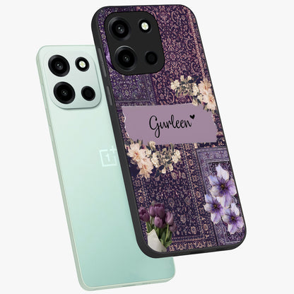 Antique Floral Whisper Custom Name Glass Case displayed in angled mockup highlighting elegant antique floral aesthetic.