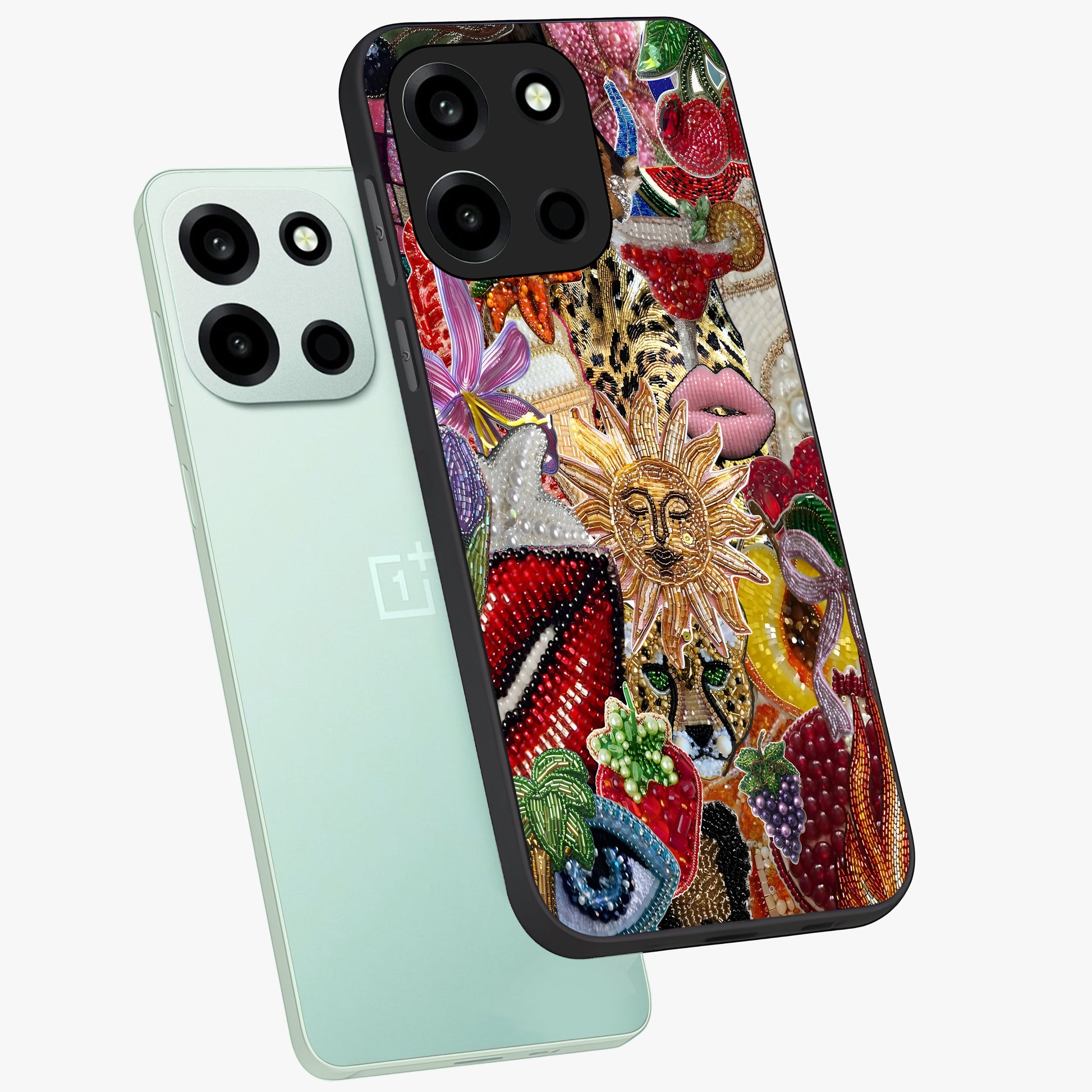 Beaded Fashion Jungle Glass Case displayed in angled mockup highlighting colorful fashion bead design and artistic pattern.