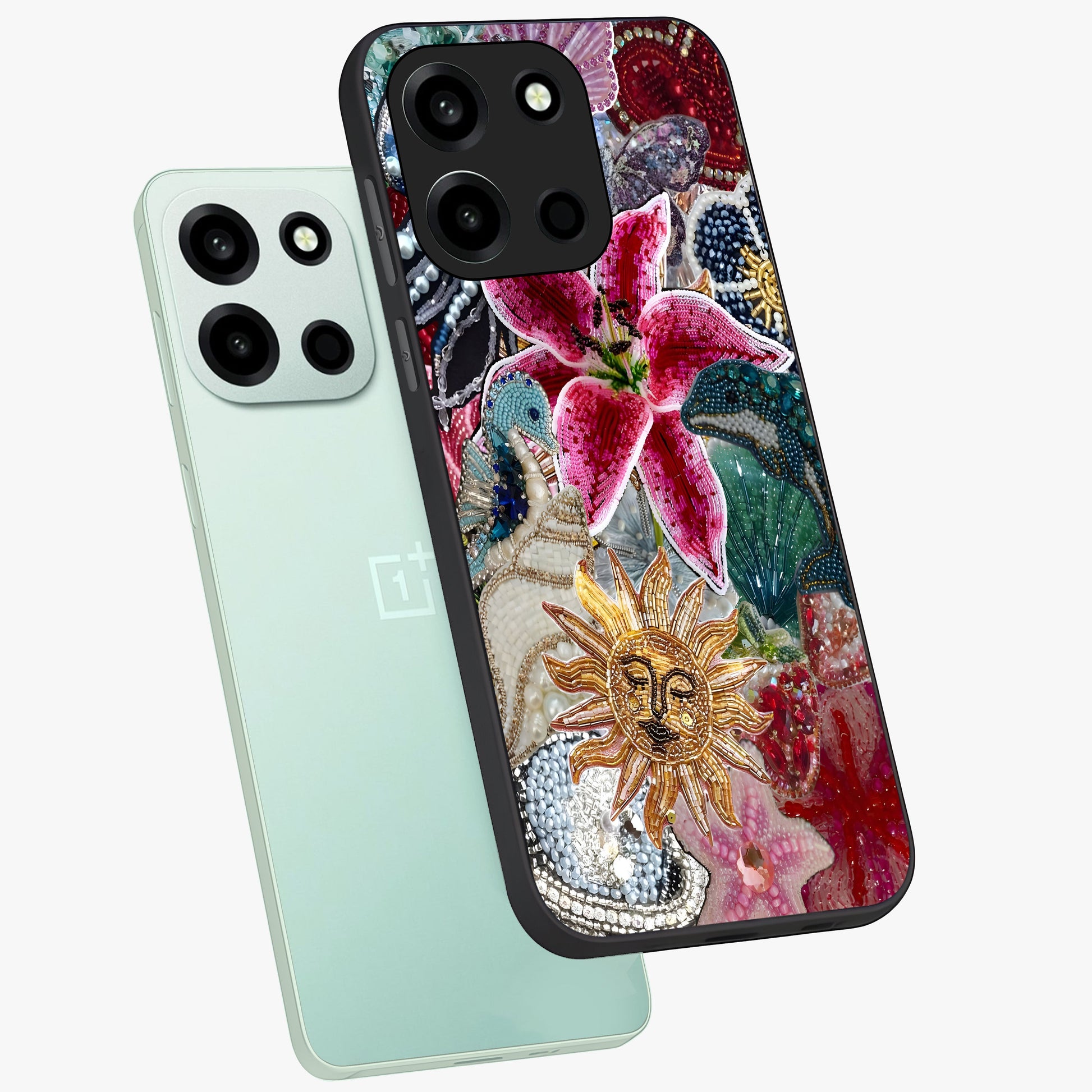 Beaded Garden Fantasy Glass Case displayed in angled mockup highlighting fantasy inspired floral bead pattern.