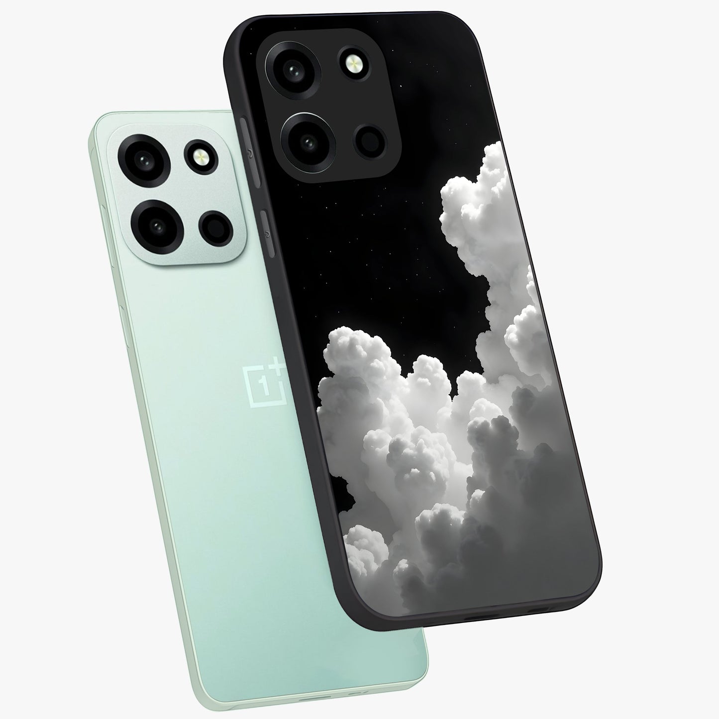 Black Background With White Cloud Glass Case displayed in angled mockup highlighting soft white cloud illustration and minimal design.