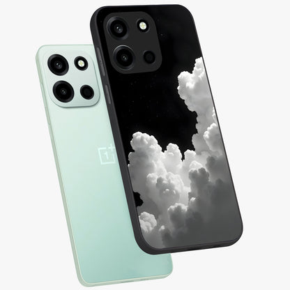 Black Background With White Cloud Glass Case displayed in angled mockup highlighting soft white cloud illustration and minimal design.
