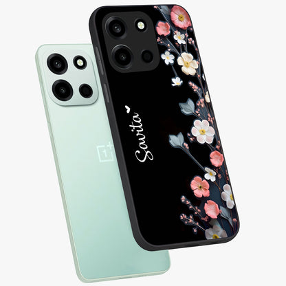 Black Elegance Floral Custom Name Glass Case displayed in angled mockup highlighting dark floral aesthetic and custom name feature.