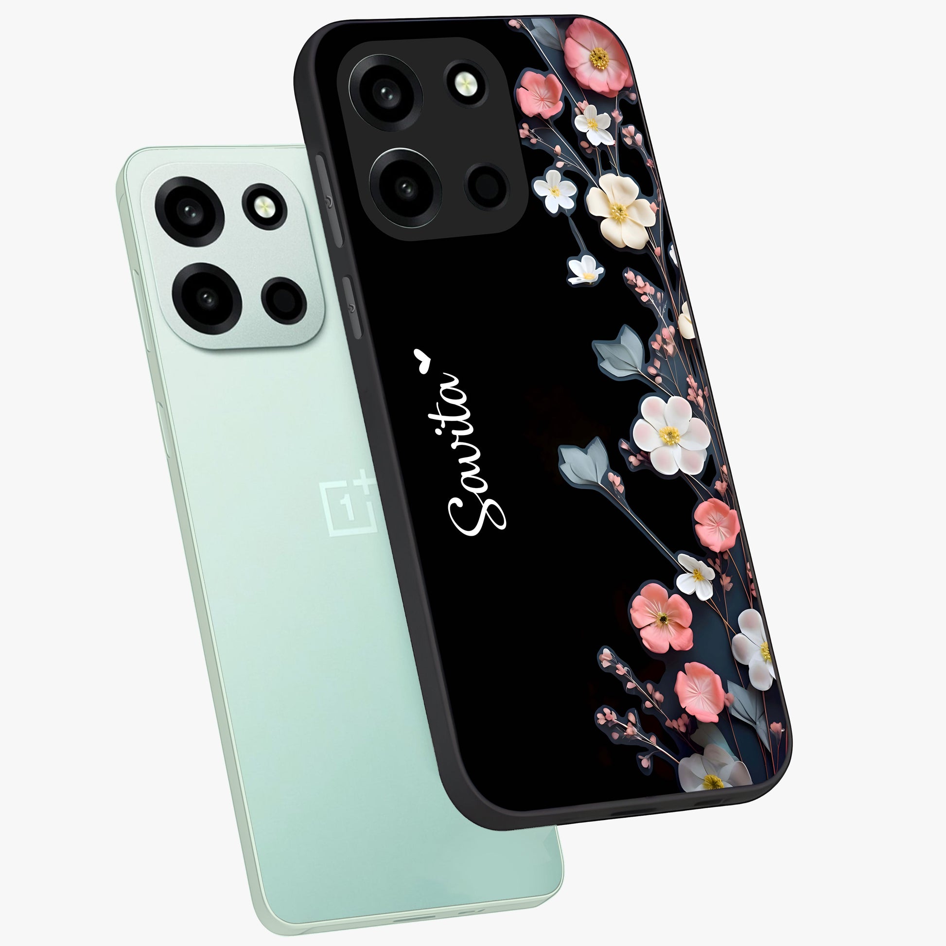 Black Elegance Floral Custom Name Glass Case displayed in angled mockup highlighting dark floral aesthetic and custom name feature.