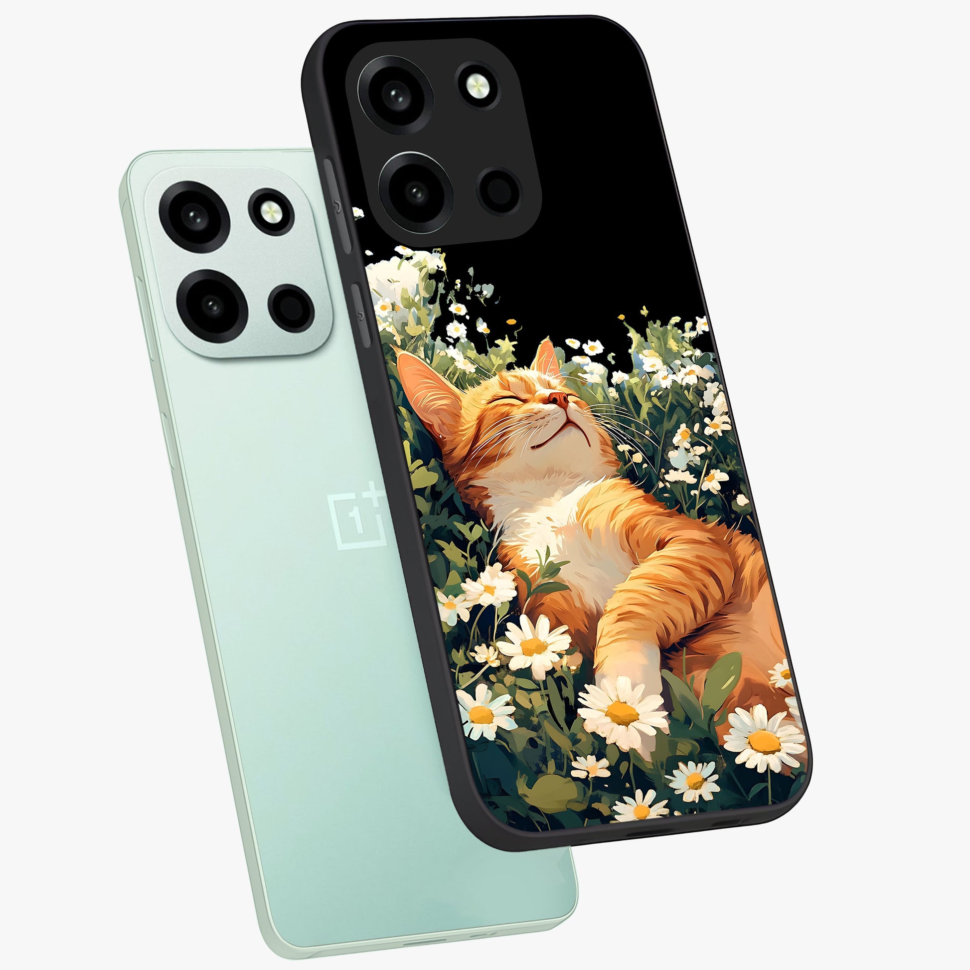 Blissful Bloom Cat Glass Case displayed in angled mockup highlighting playful feline illustration with soft floral aesthetic.
