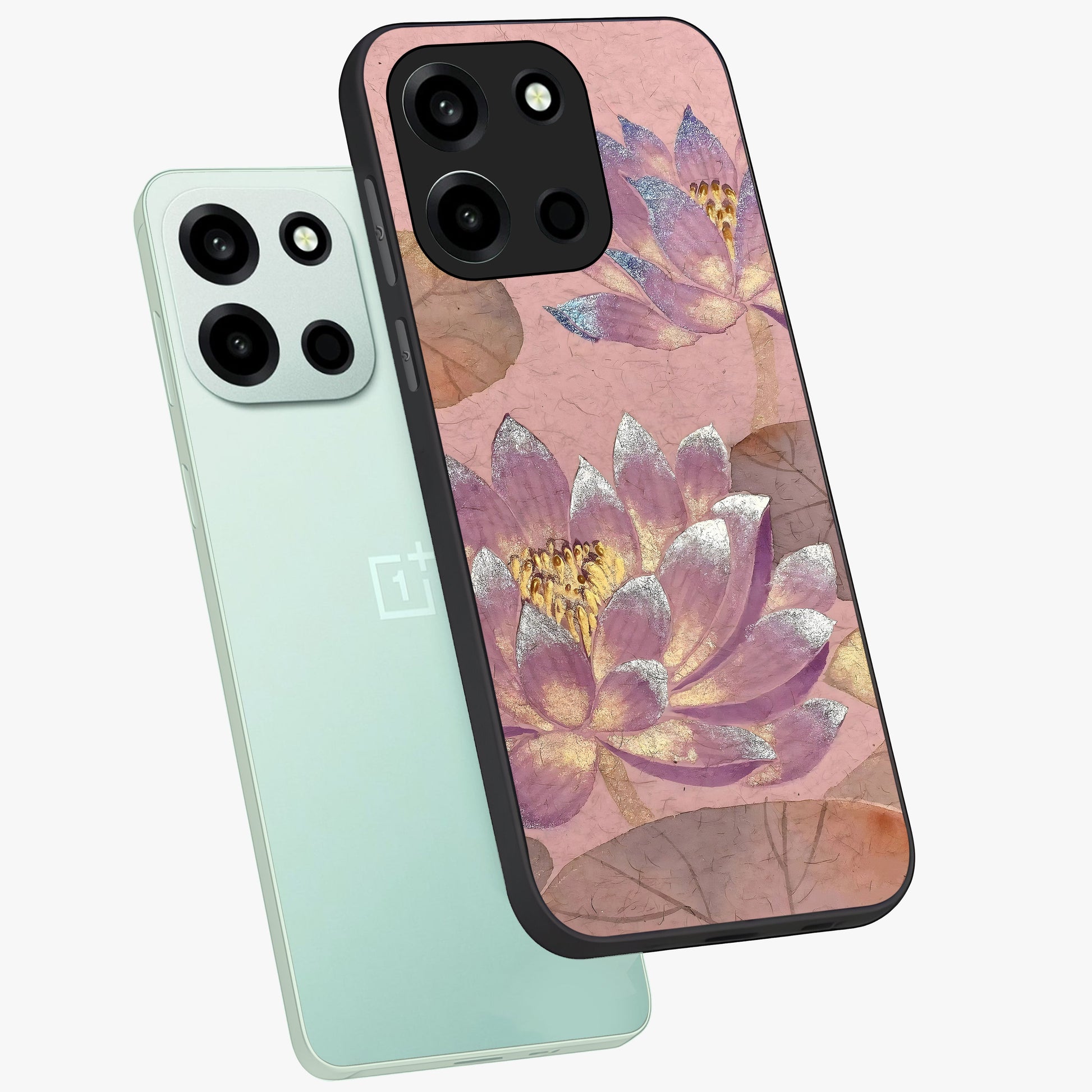Blossom Mist Lotus Glass Case displayed in angled mockup highlighting delicate lotus illustration with calm aesthetic theme.