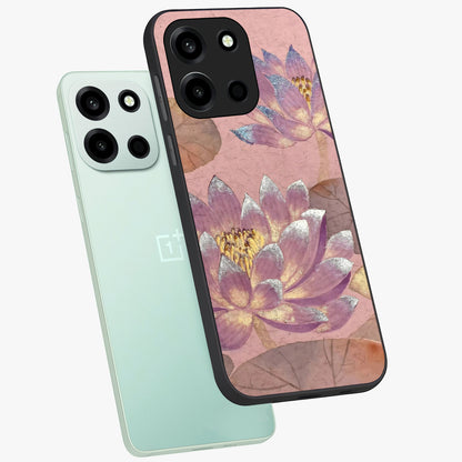 Blossom Mist Lotus Glass Case displayed in angled mockup highlighting delicate lotus illustration with calm aesthetic theme.