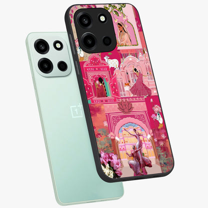 Blossoms of Rajasthan Glass Case displayed in angled mockup highlighting vibrant floral pattern with cultural aesthetic style.