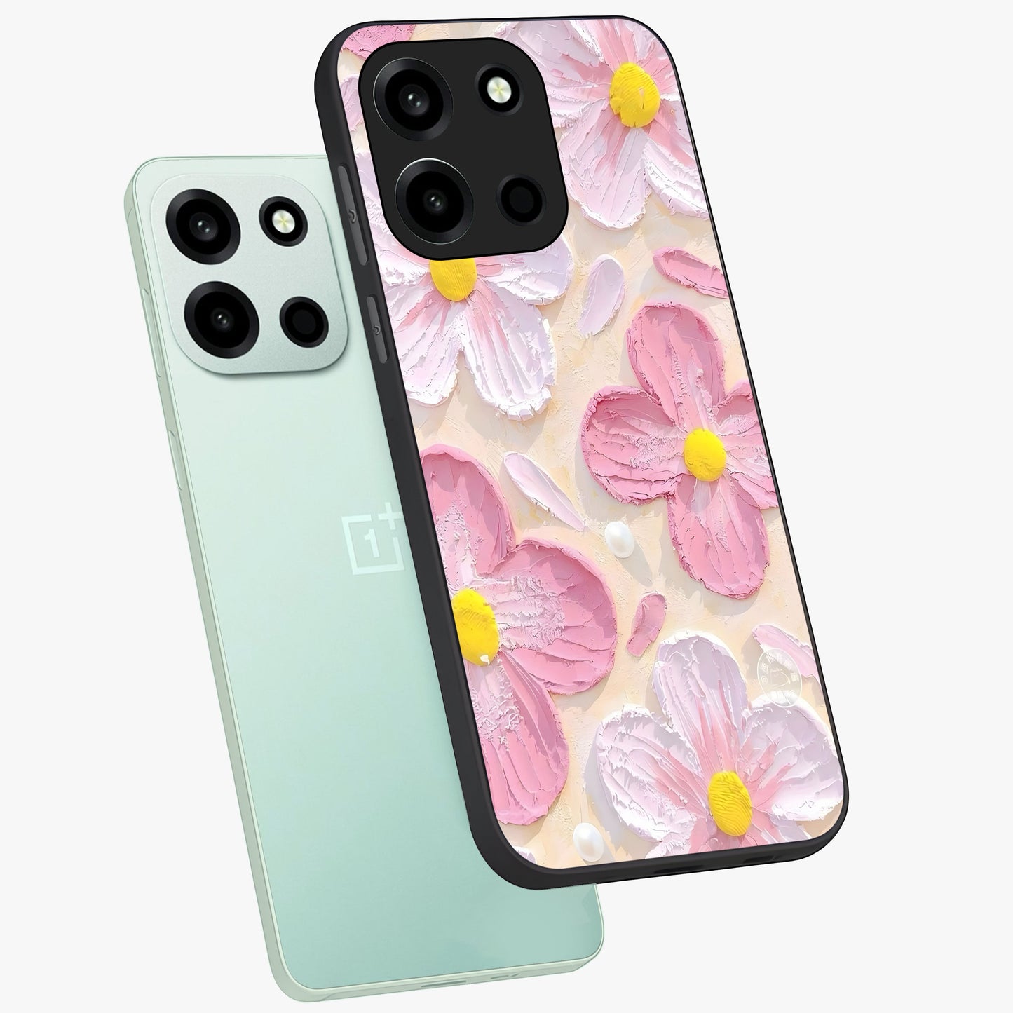 Blush Bloom Texture Glass Case displayed in angled mockup highlighting subtle bloom pattern with aesthetic pastel design.