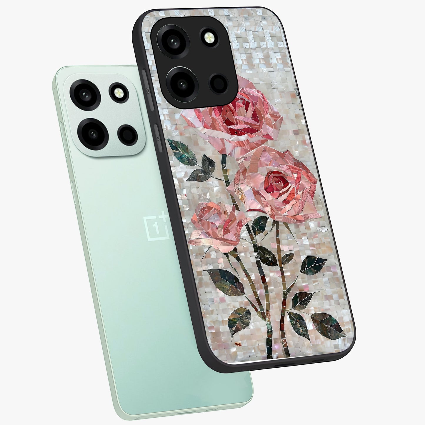 Blush Mosaic Bloom Glass Case displayed in angled mockup highlighting artistic mosaic flower pattern with aesthetic design.