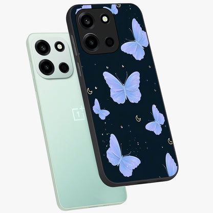 Butterfly With Stars Pattern Glass Case displayed in angled mockup highlighting dreamy butterfly and star design with aesthetic theme.