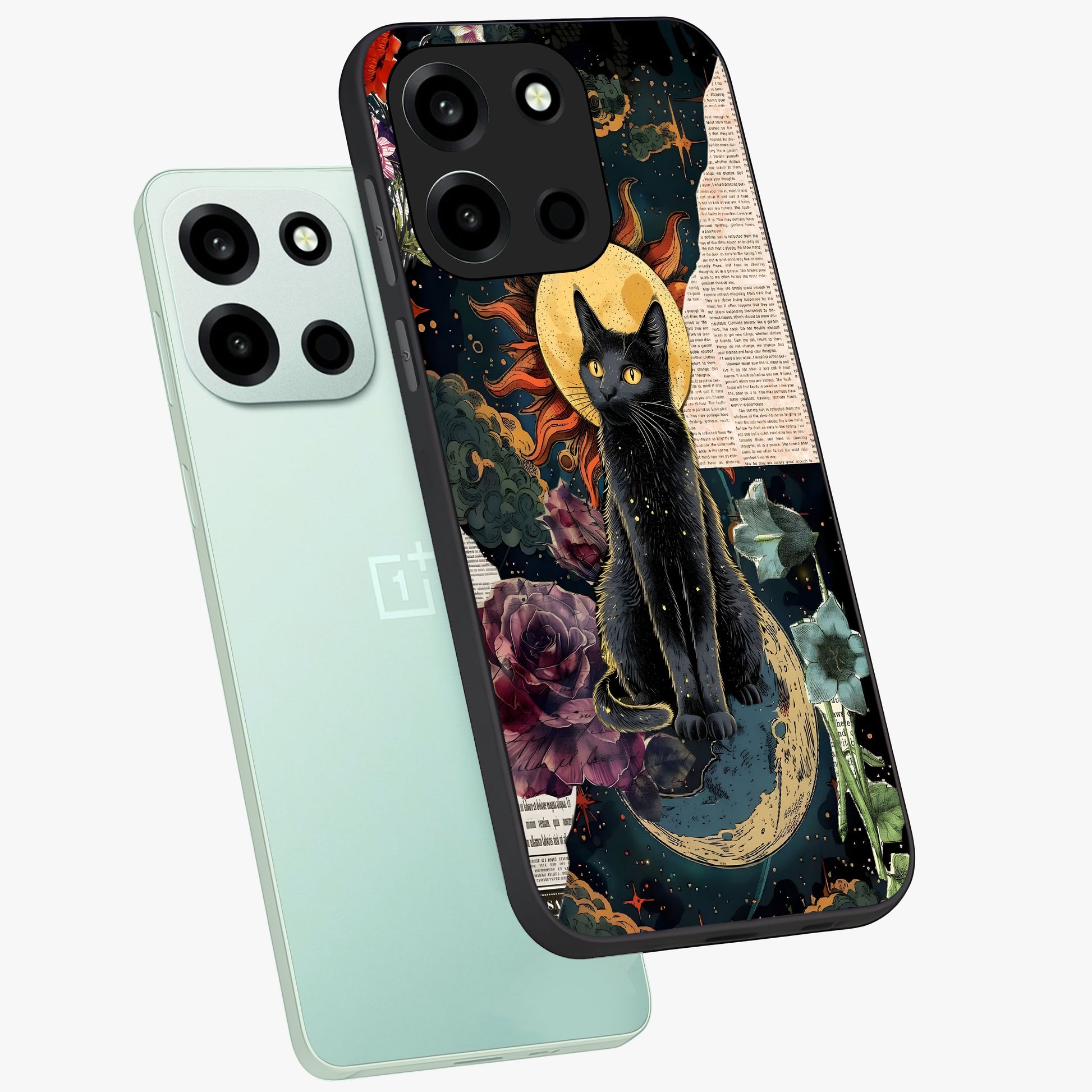 Celestial Black Cat Glass Case displayed in angled mockup highlighting cosmic black cat design with celestial aesthetic.