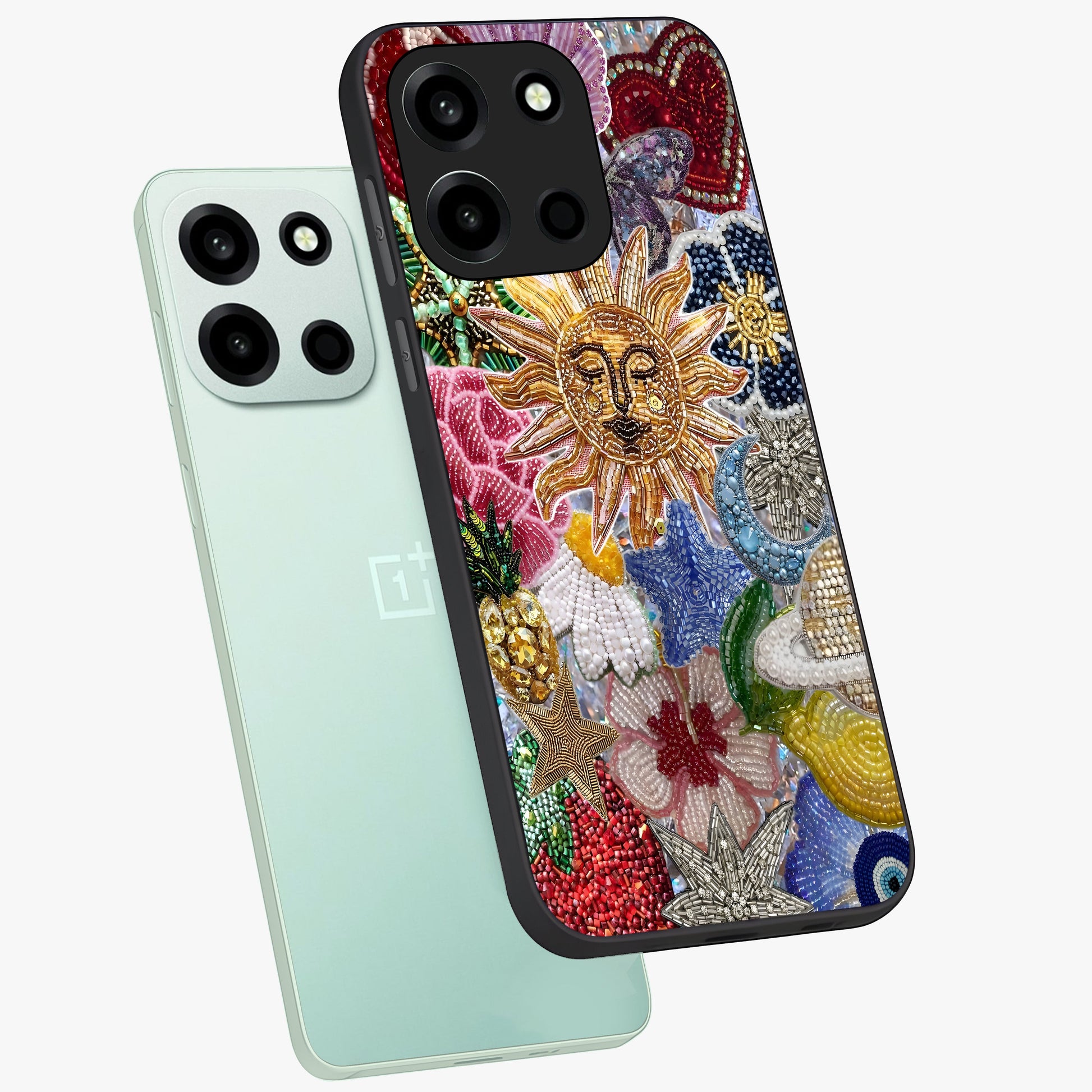 Celestial Floral and Playful Glass Case displayed in angled mockup highlighting playful floral design with dreamy celestial elements.