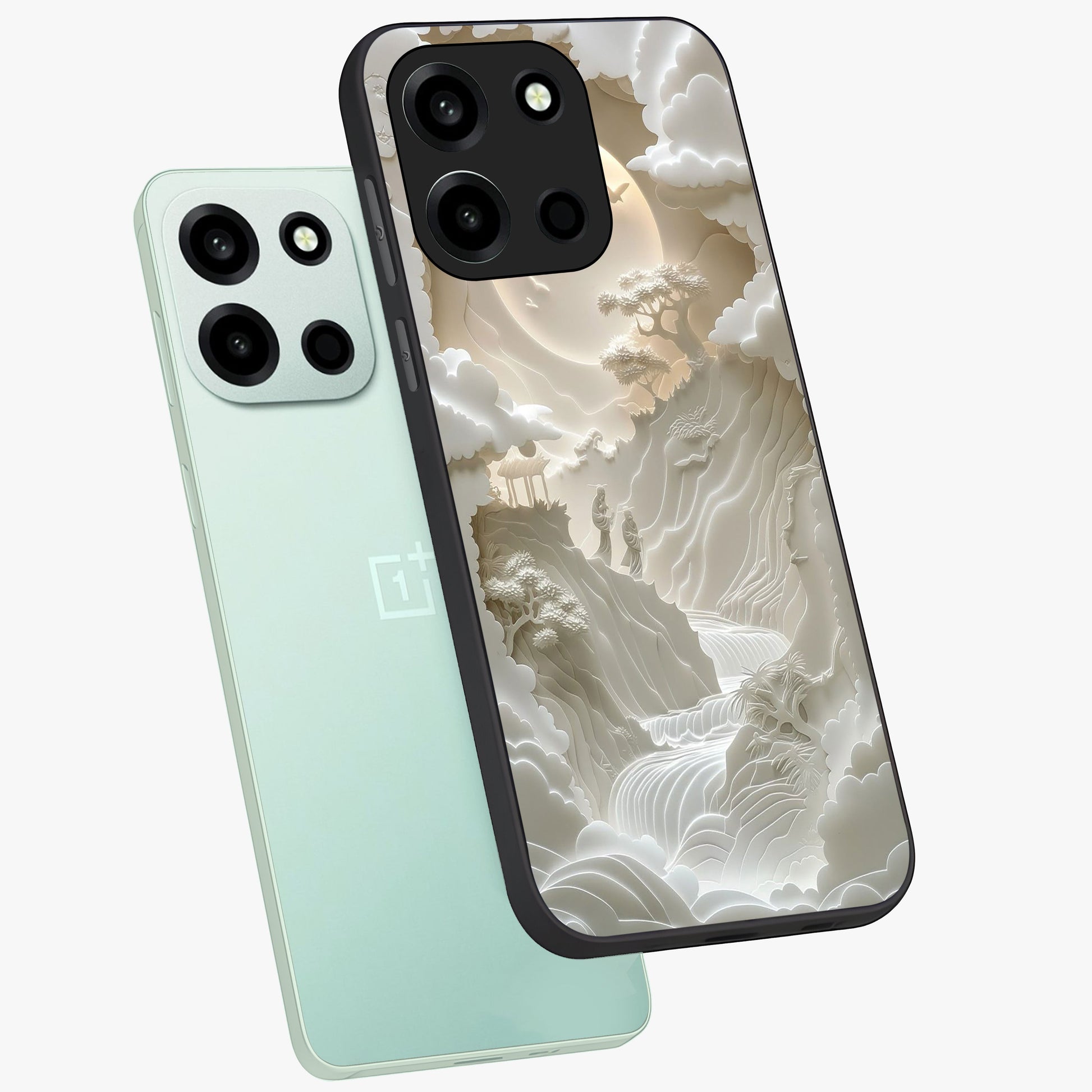 Celestial Origami Glass Case displayed in angled mockup highlighting geometric origami design with cosmic aesthetic theme.