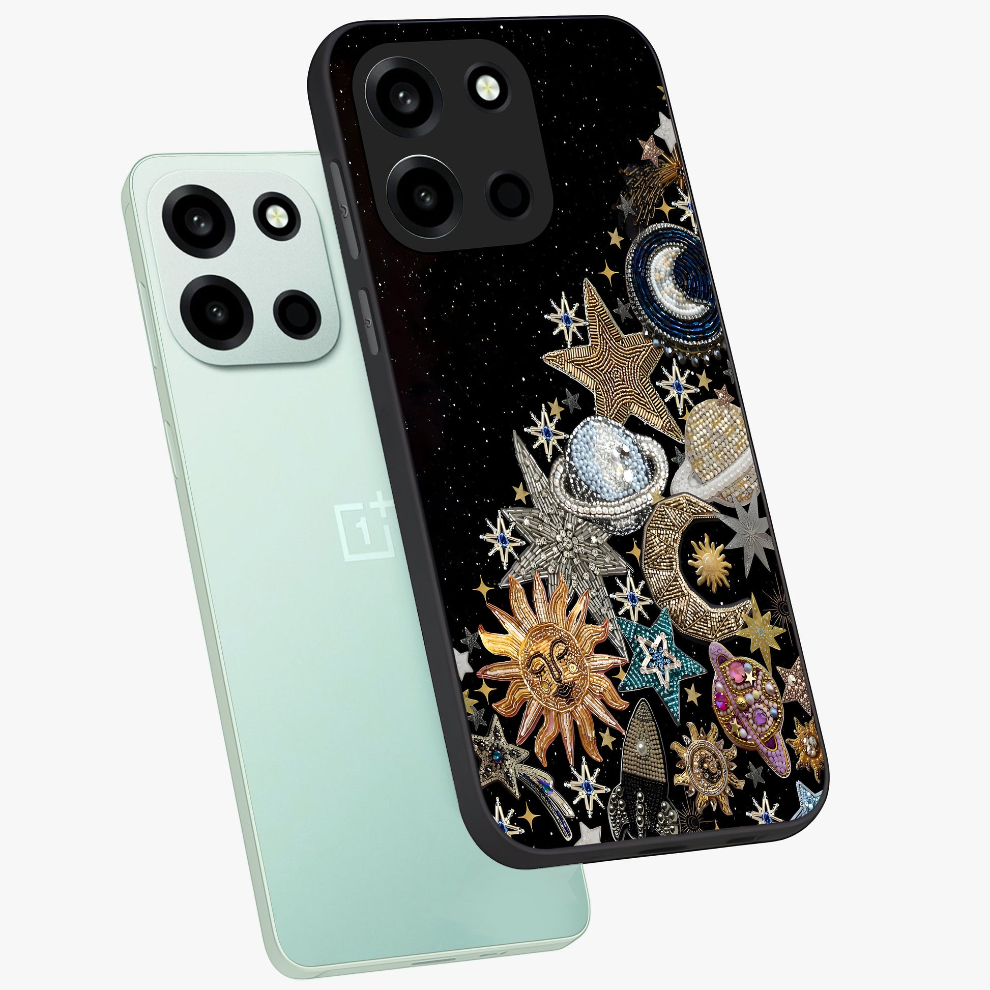 Cosmic Sparkle Dreams Glass Case displayed in angled mockup highlighting dreamy star sparkle design with celestial aesthetic.