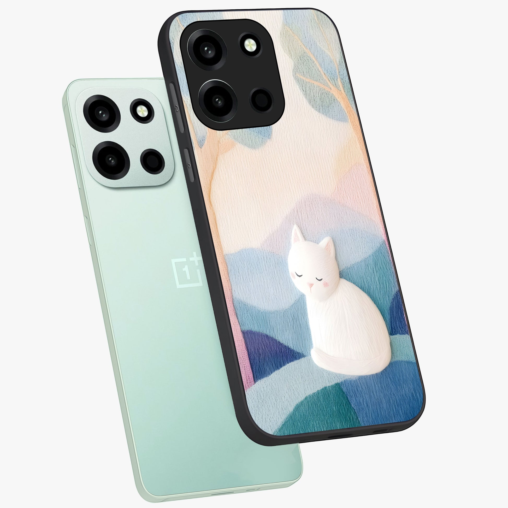 Cotton Dream Cat Glass Case displayed in angled mockup highlighting cute feline illustration with pastel aesthetic style.
