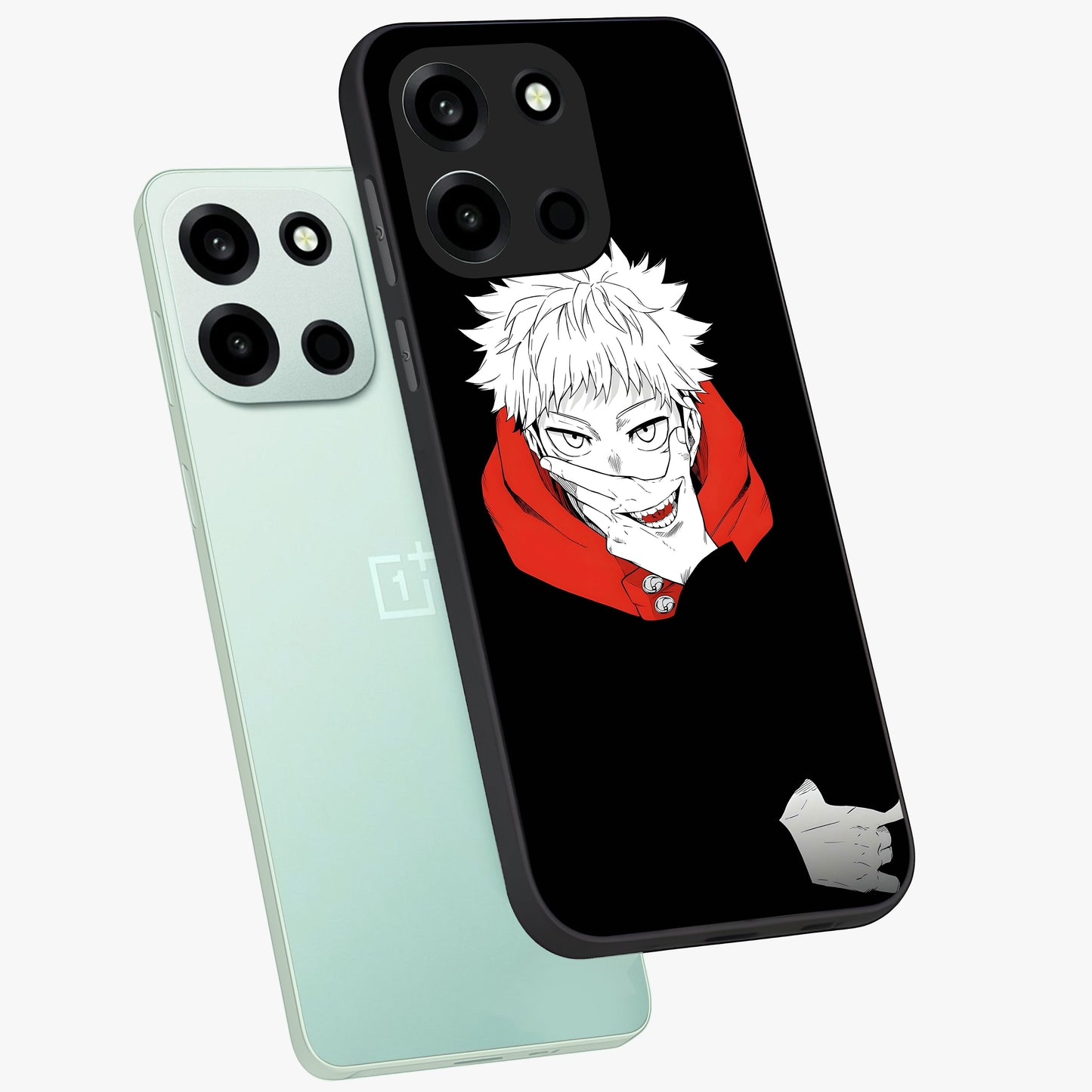 Crimson Chaos Smile Glass Case displayed in angled mockup highlighting edgy crimson smile design with graphic aesthetic.
