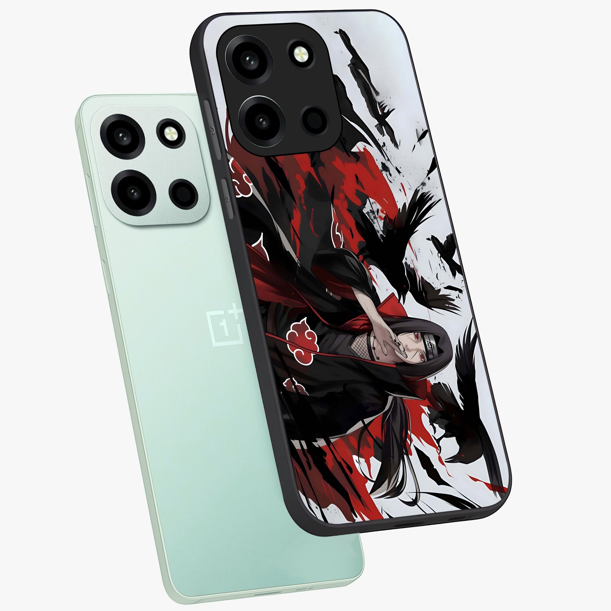 Crimson Crow Illusion Glass Case displayed in angled mockup highlighting mysterious crow graphic with dark aesthetic style.