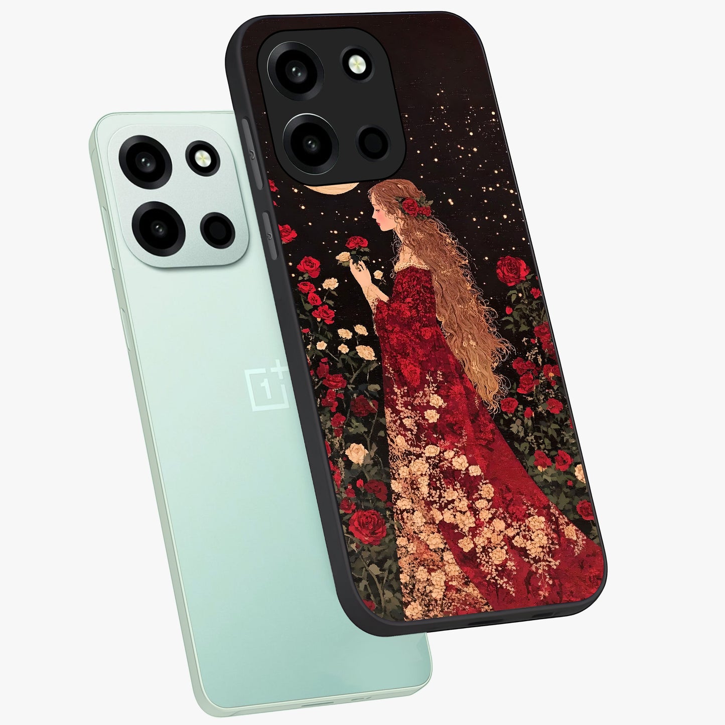 Crimson Dreams Glass Case displayed in angled mockup highlighting soft crimson aesthetic design with artistic theme.