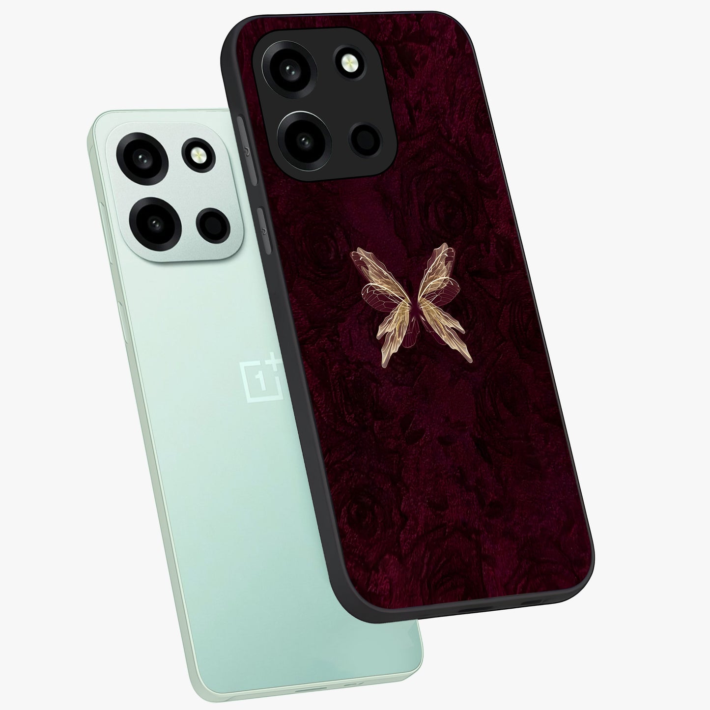 Crimson Fade Butterfly Glass Case displayed in angled mockup highlighting elegant butterfly design with crimson gradient aesthetic.