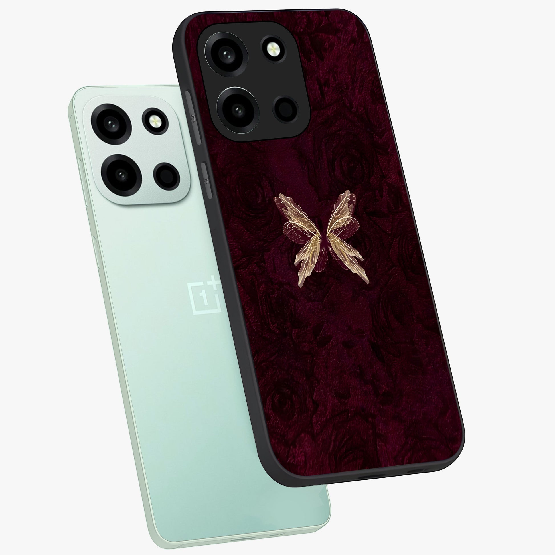 Crimson Fade Butterfly Glass Case displayed in angled mockup highlighting elegant butterfly design with crimson gradient aesthetic.