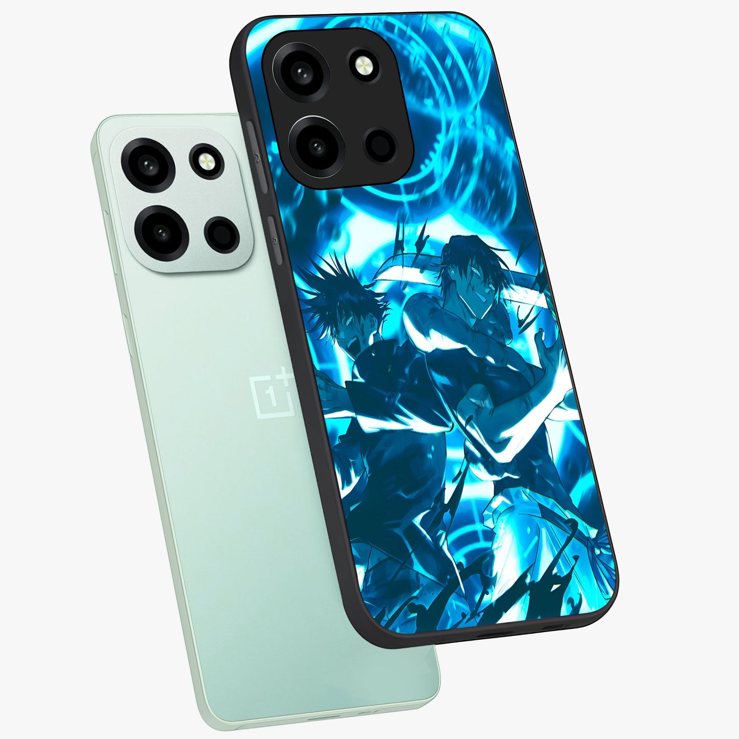 Cursed Energy Clash Glass Case displayed in angled mockup highlighting powerful battle inspired graphic with anime style aesthetic.