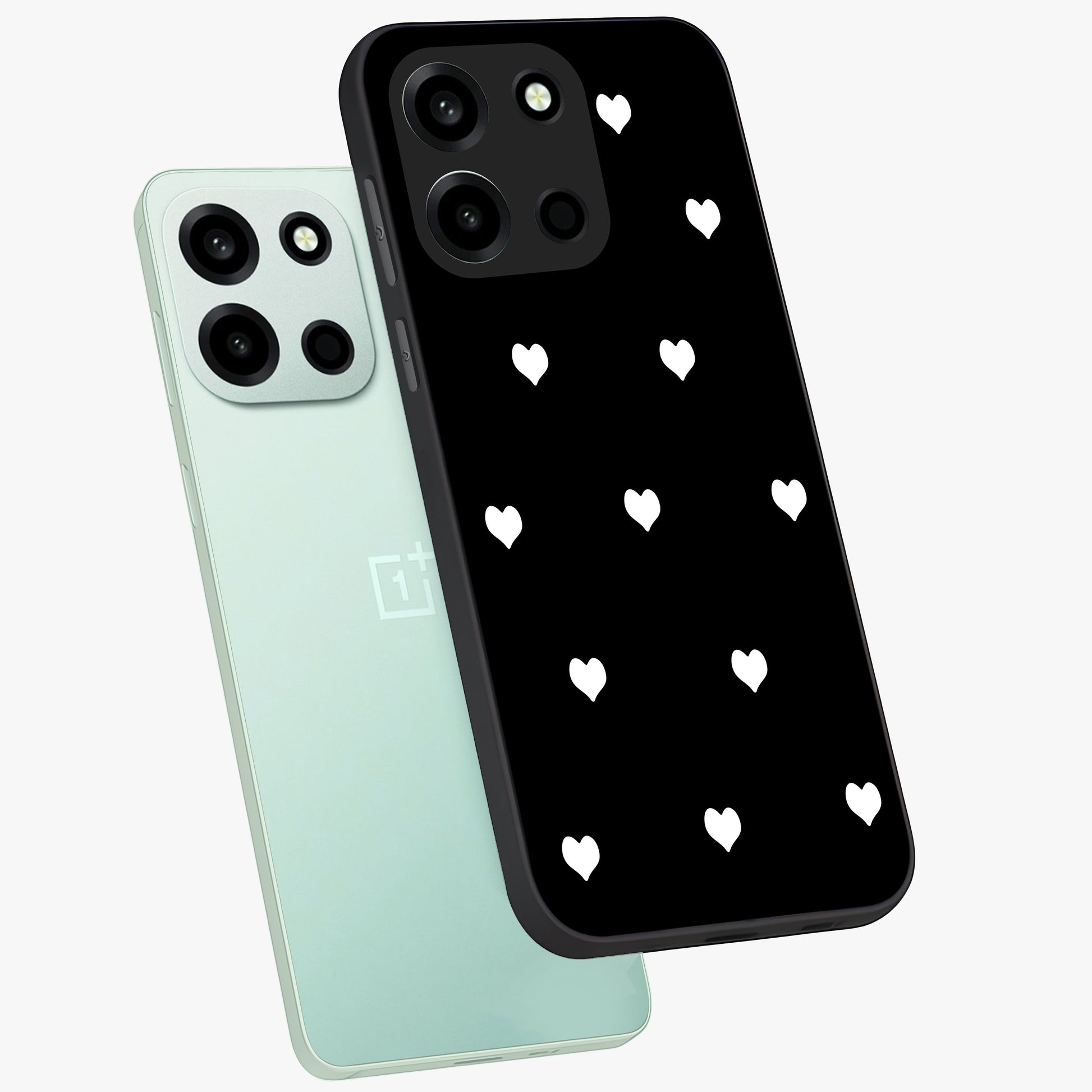 Cute And Simple White Hearts Glass Case displayed in angled mockup highlighting cute heart design with clean aesthetic style.