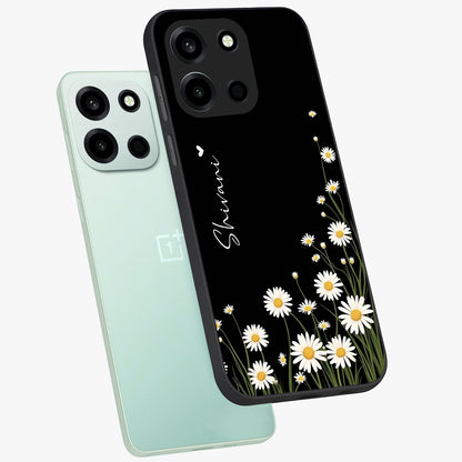 Daisy Cascade Custom Name Glass Case displayed in angled mockup highlighting delicate daisy artwork with custom name feature.