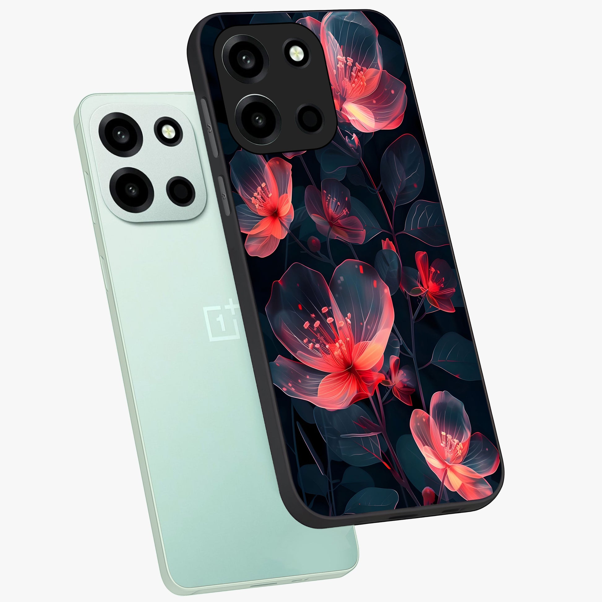Dark Shade of Flower Glass Case displayed in angled mockup highlighting moody floral illustration with aesthetic dark tones.