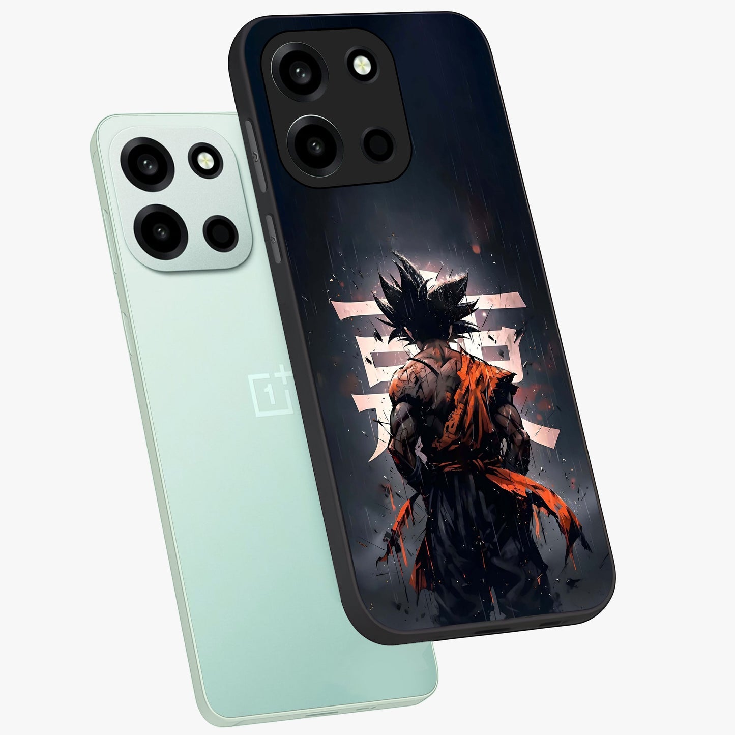Dark Warrior In Rain Glass Case displayed in angled mockup highlighting dramatic warrior illustration with dark rain aesthetic.