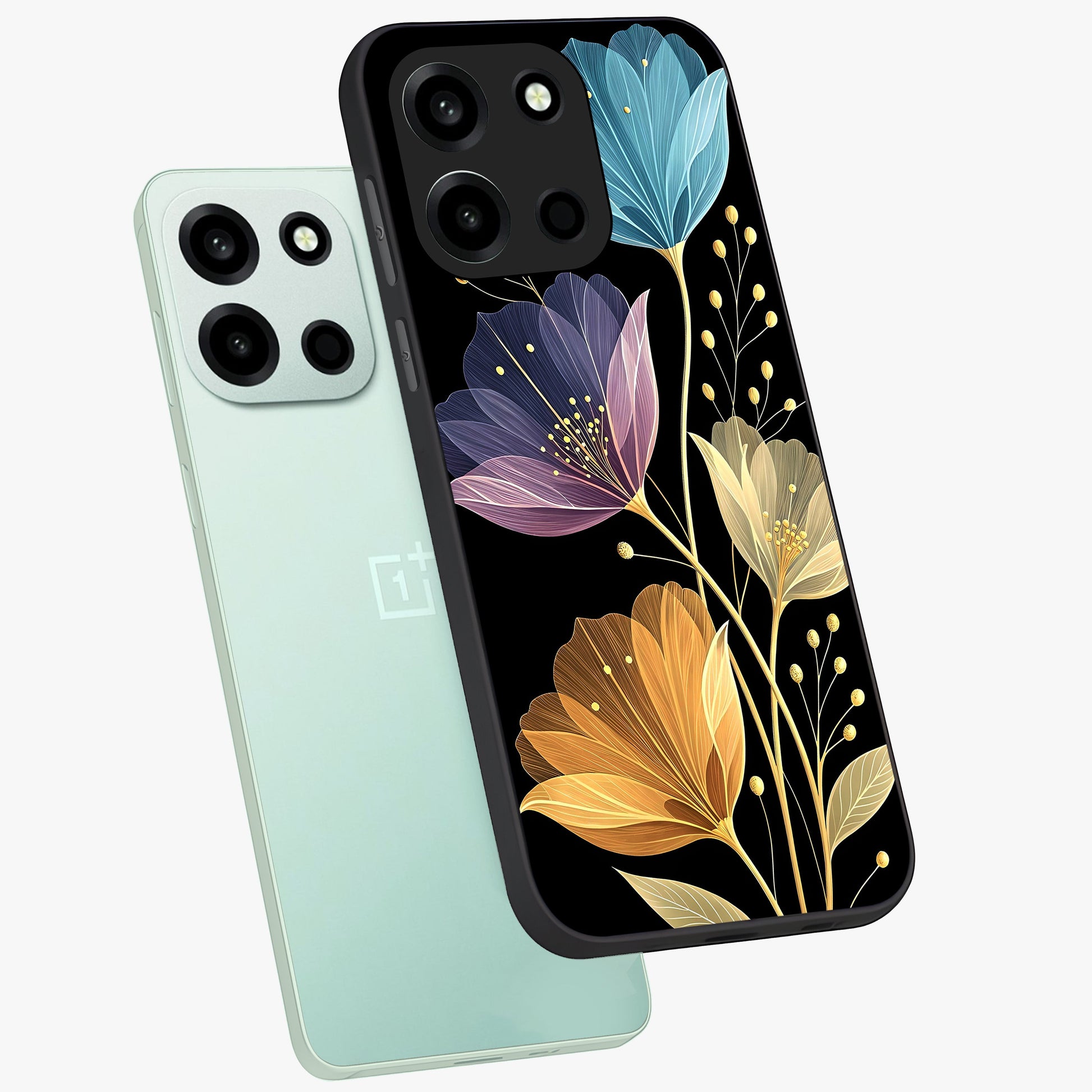 Delicate Multicolor Flowers Glass Case displayed in angled mockup highlighting colorful flower pattern with soft aesthetic style.