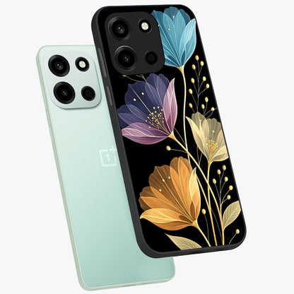 Delicate Multicolor Flowers Glass Case displayed in angled mockup highlighting colorful flower pattern with soft aesthetic style.