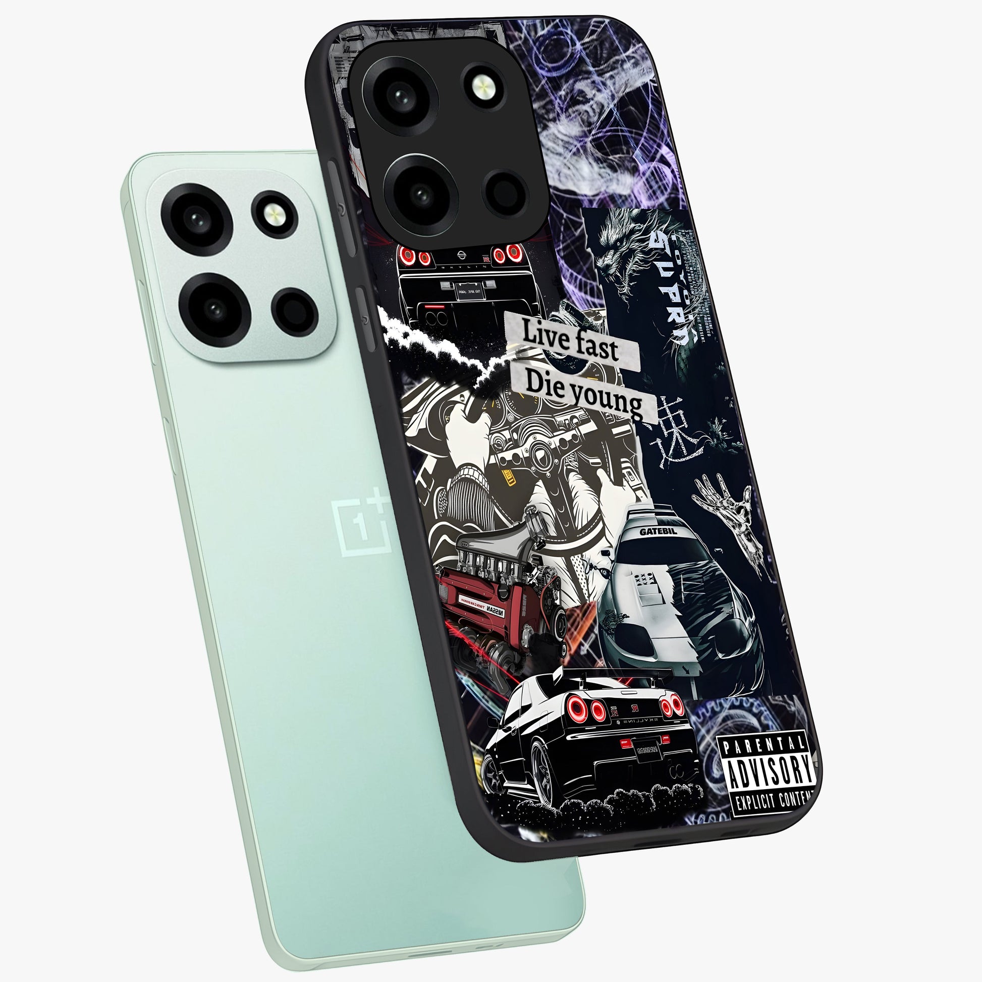 Die Young Glass Case displayed in angled mockup highlighting expressive graphic artwork with edgy aesthetic style.