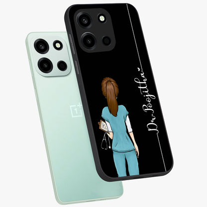 Doctor Pattern Custom Name Glass Case displayed in angled mockup highlighting doctor inspired artwork with custom name feature.